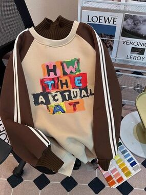 Colorblock Graphic Pullover Sweatshirt - Beige & Brown